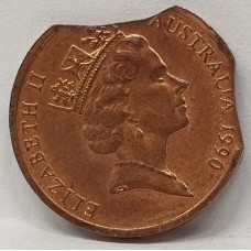 AUSTRALIA 1990 . ONE 1 CENT COIN . ERROR . DOUBLE BITTEN EDGE . DOUBLE CLIPPED